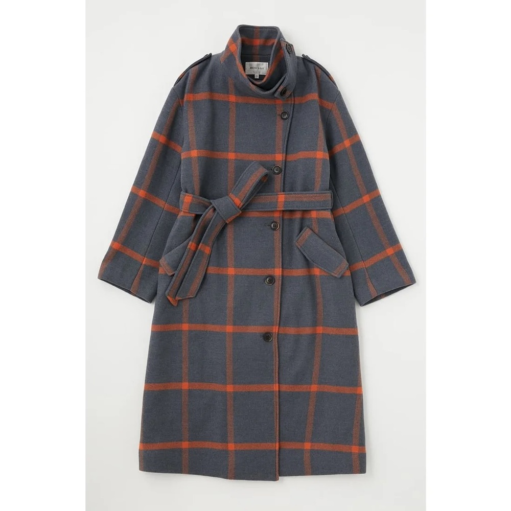 Moussy Stand Collar Long Plaid Wool Blend Coat | Grey & Burnt Orange | Small